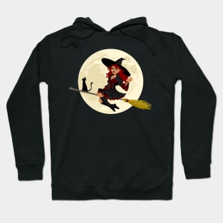 Good Witch With Black Cat On Broomstick Waving Hello Hoodie